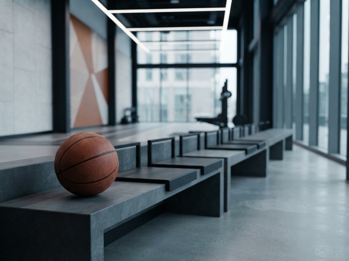 A basketball sitting alone at the end of an empty row of bench seating