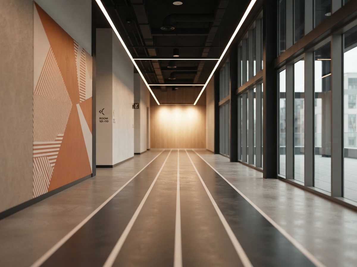 A clean modern facility corridor with warm light at the far end