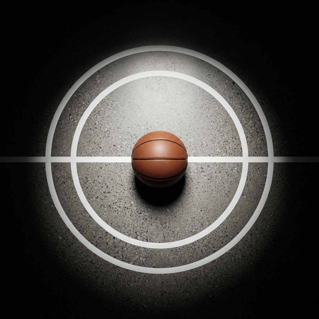 A basketball resting in the center circle of a gym floor under a single spotlight