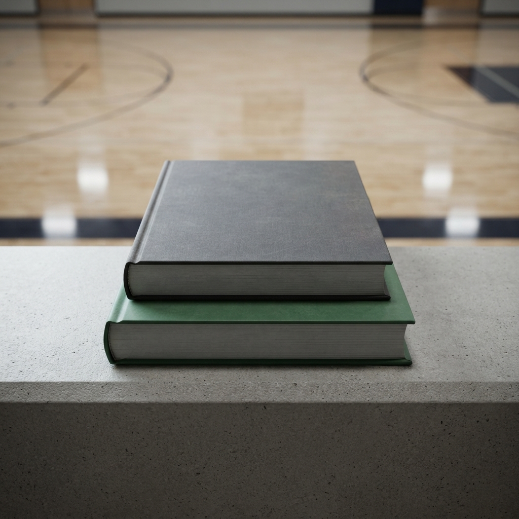 Two closed hardcover books stacked on a concrete ledge in a training facility