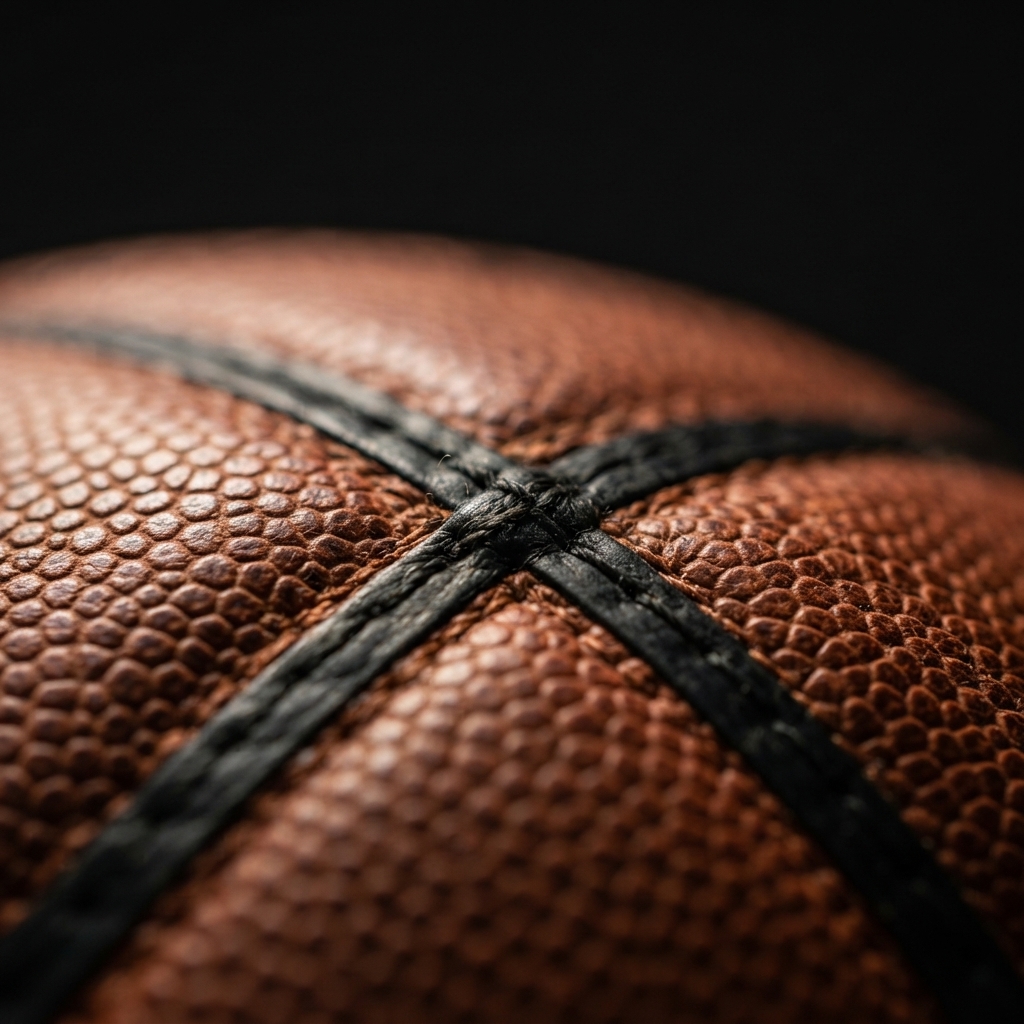 Close-up of a basketball's textured leather surface and stitched seam