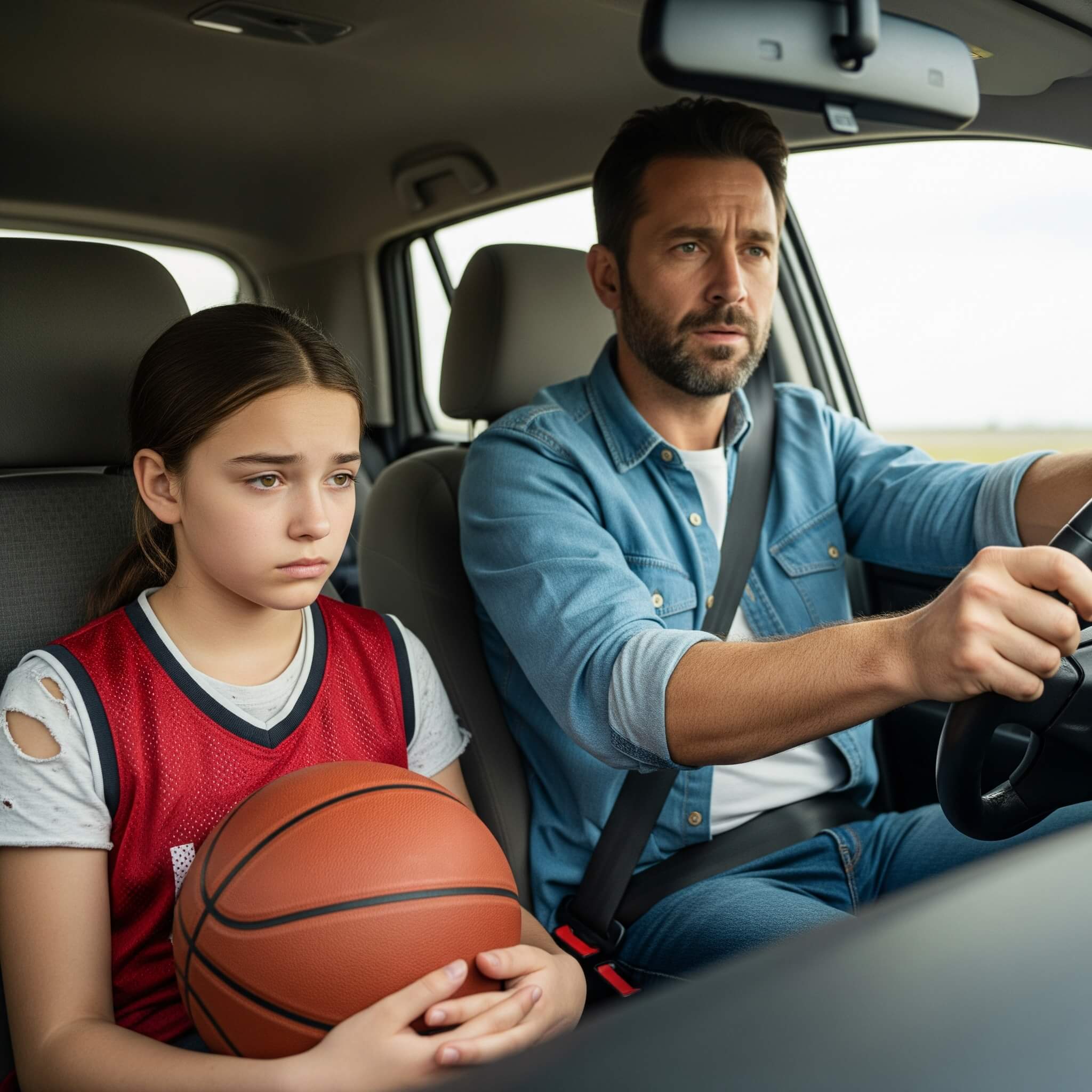 Parent talking with young player in car