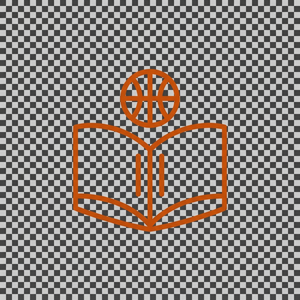 Icon of an open book with a basketball above it