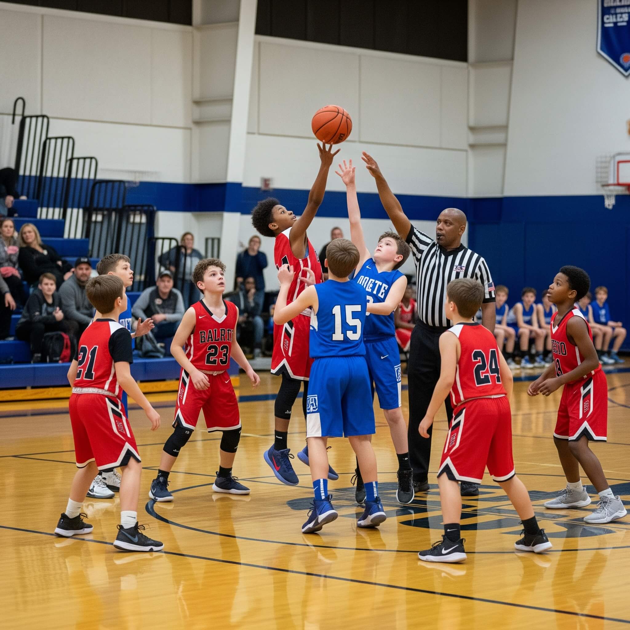 Competitive youth basketball jump ball